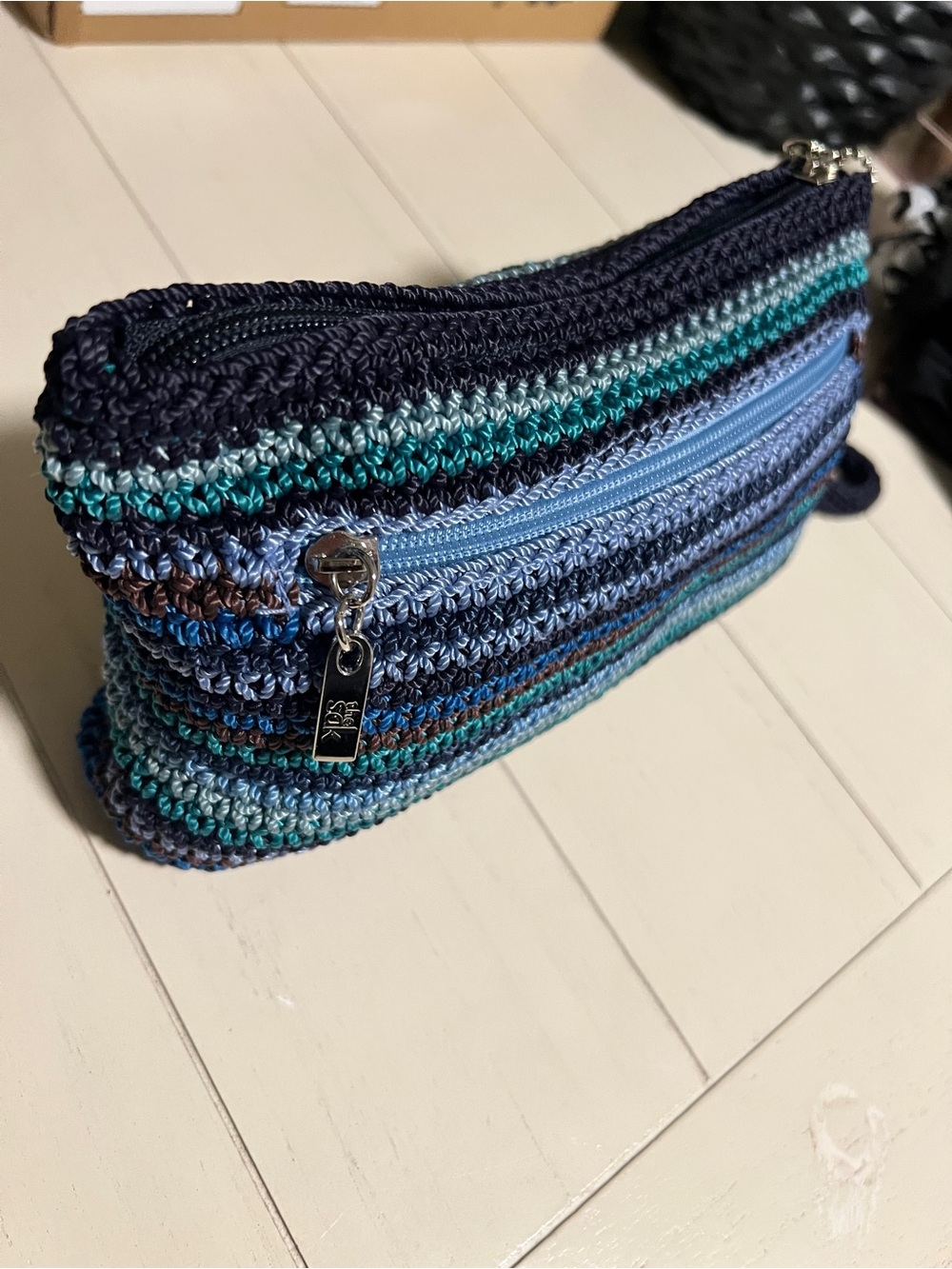 SAK Handcrafted Blue Striped Crochet Cosmetic Pouch - Picture 4 of 11